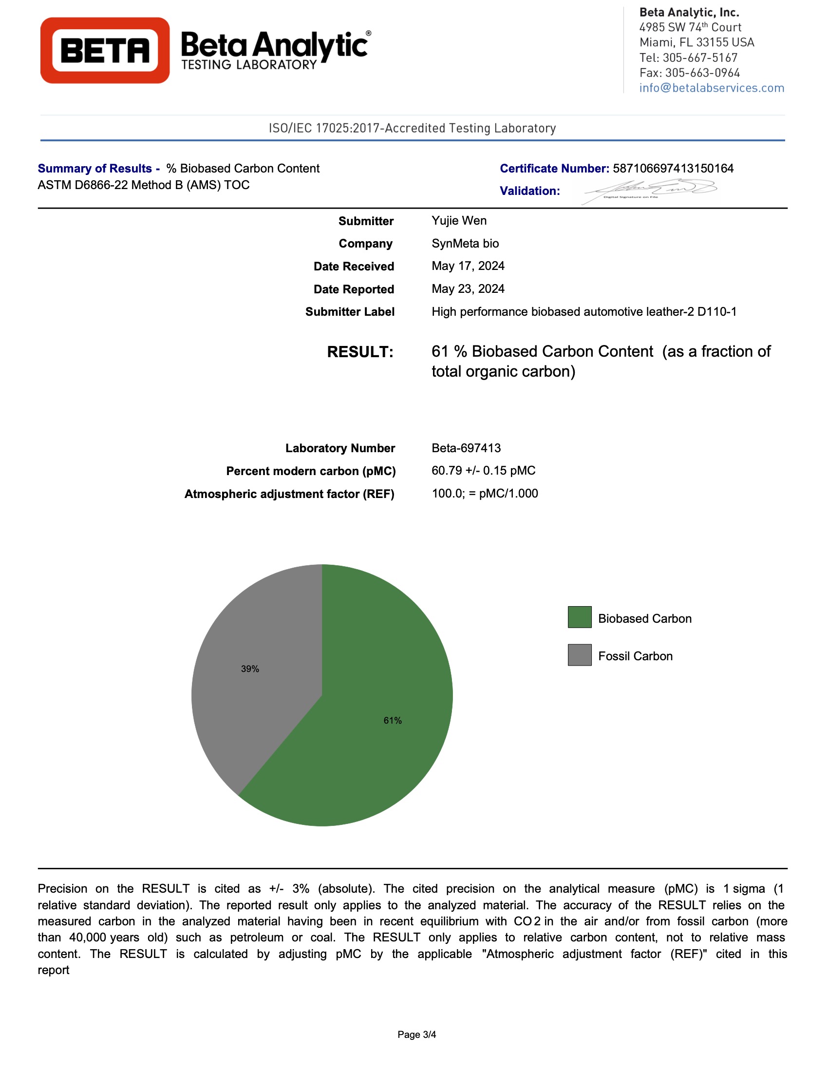 Certification de contenu biosourcé à 61%