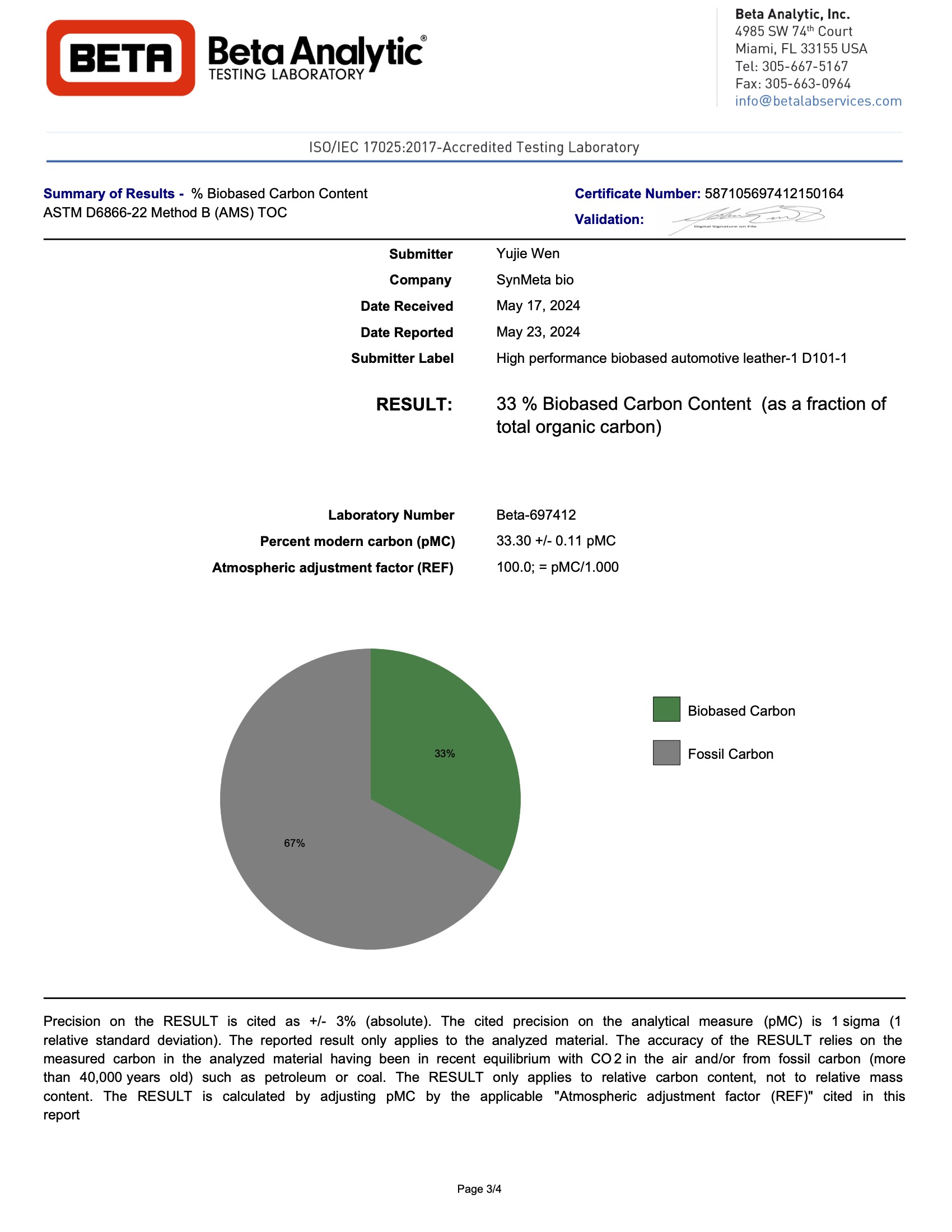Certification de contenu biosourcé à 33%